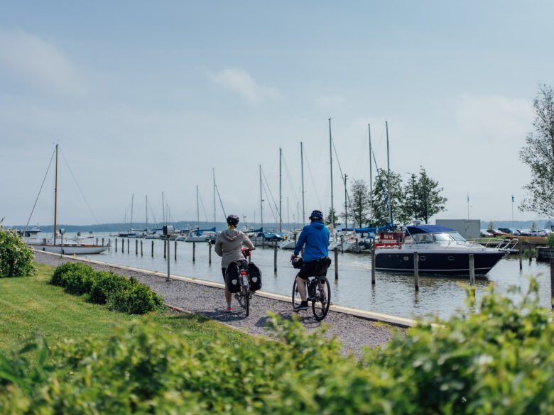 Two cyclists standing with their bikes and watching boats in a harbor
